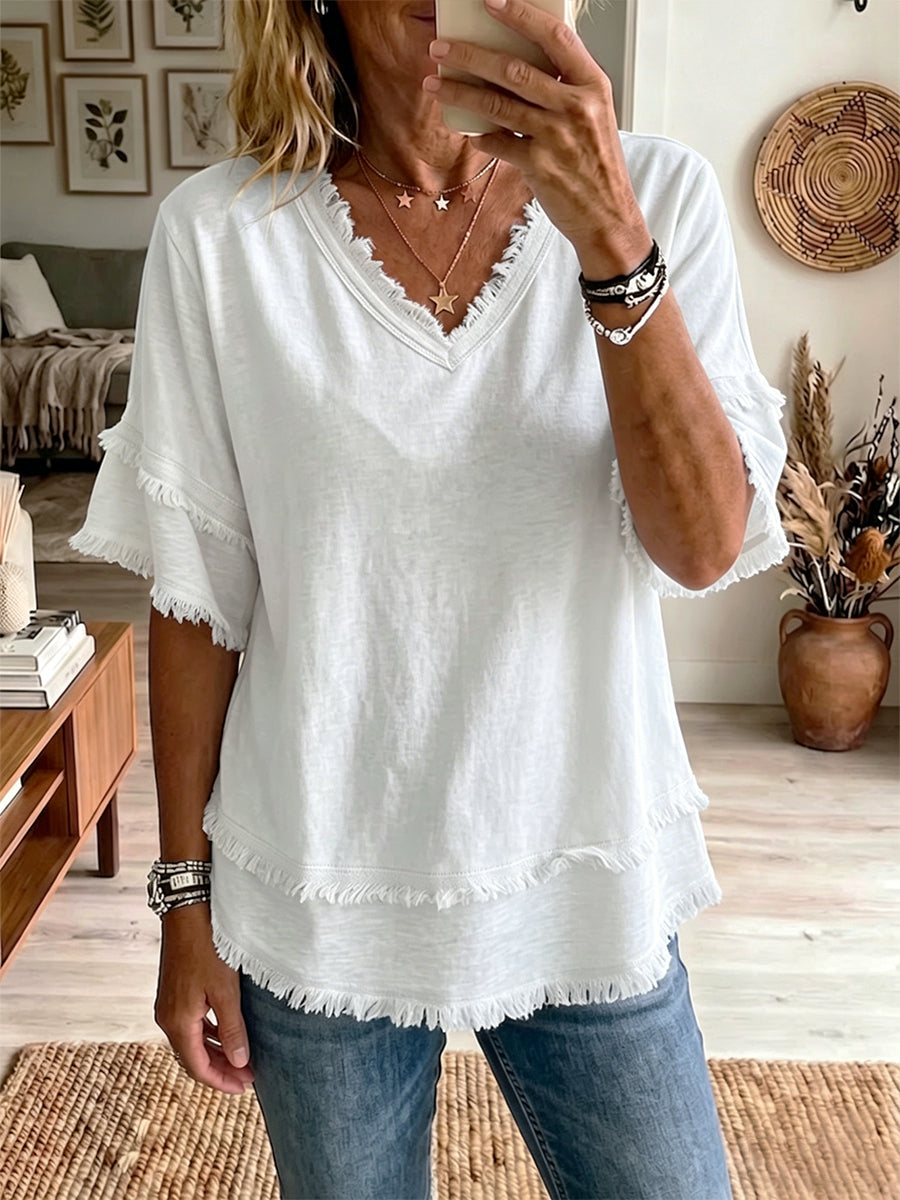 Haut Femme Lin Col en V Coupe Décontractée