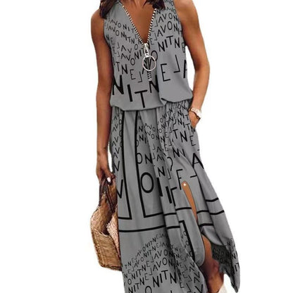 Robe Longue Femme Fluide Col V Zippée Coupe Ample Fendue