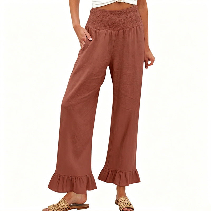 Pantalon Large Femme Coton Lin Taille Smock Volants Bas Boho