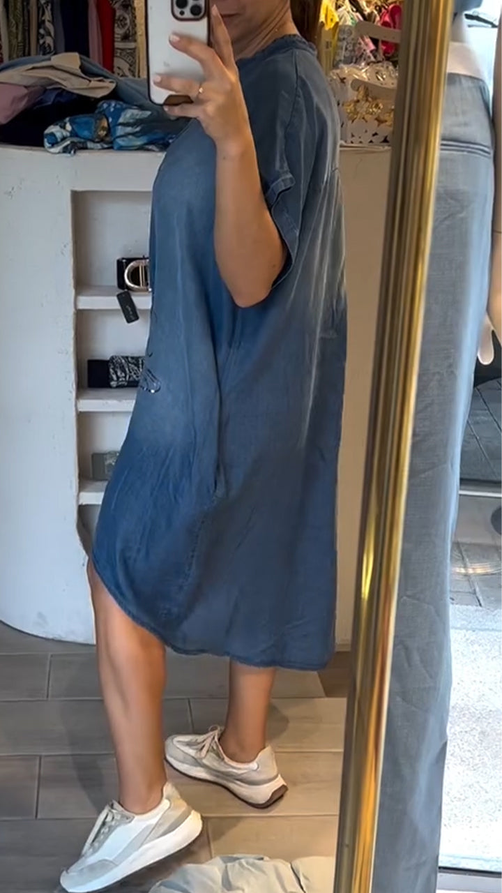 Robe Femme Jean Coupe Ample Col V Boutonnée Manches Longues