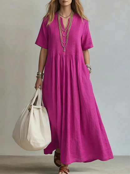 Robe Maxi Femme Fluide Col en V Manches Courtes Coupe Légère - PanierRoyale