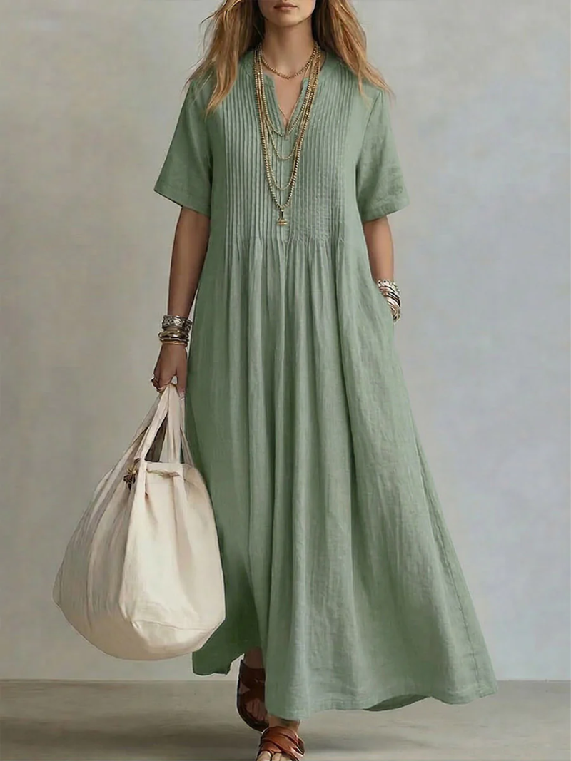 Robe Maxi Femme Fluide Col en V Manches Courtes Coupe Légère