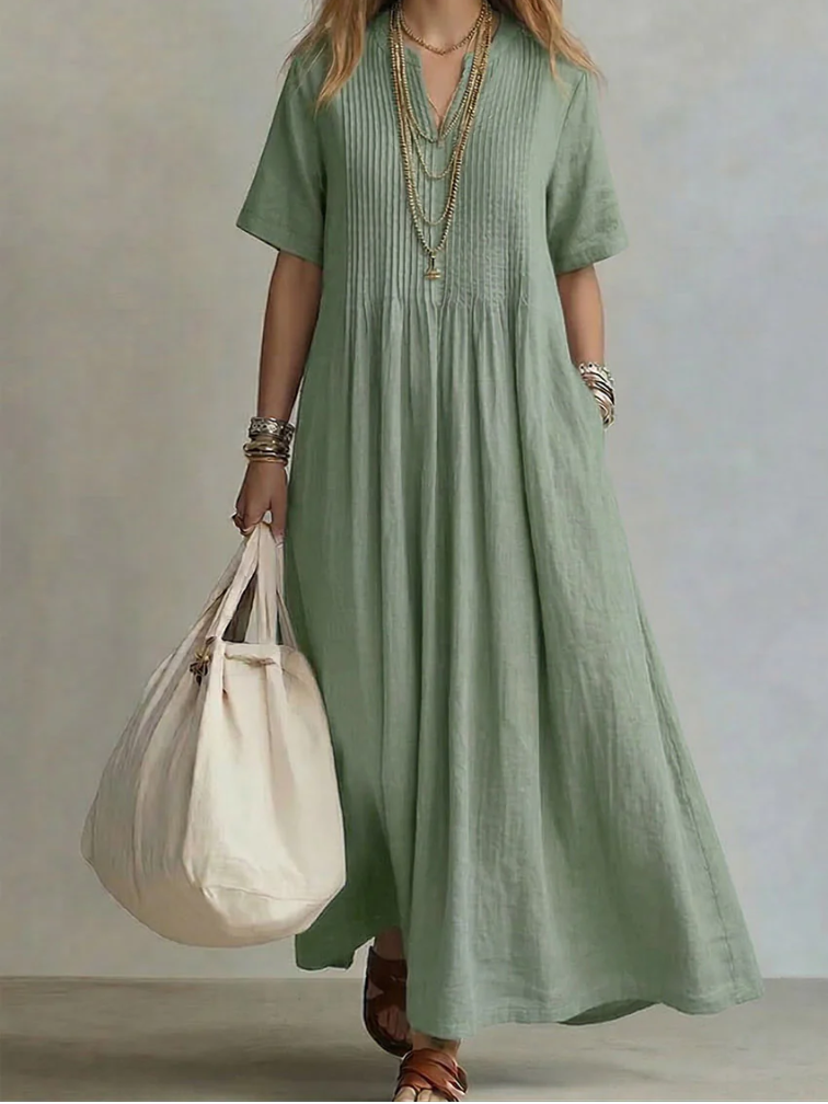Robe Maxi Femme Coton Lin Fluide Plis Drapés