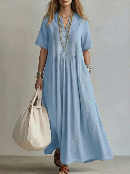 Robe Maxi Femme Fluide Col en V Manches Courtes Coupe Légère