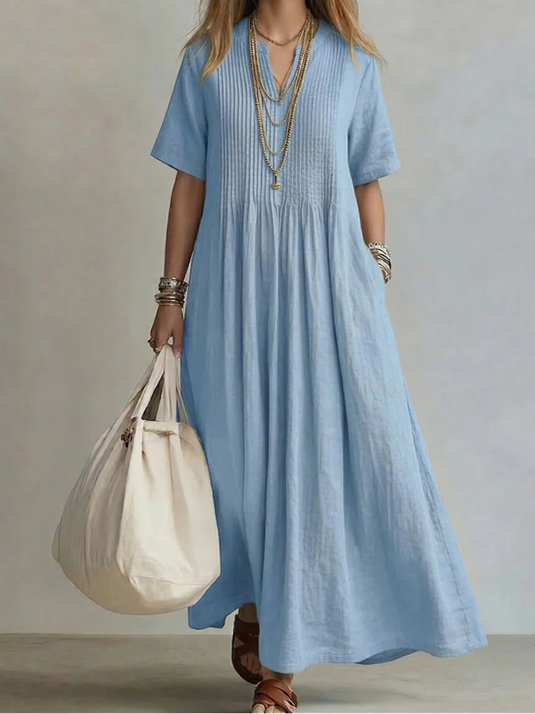 Robe Maxi Femme Coton Lin Fluide Plis Drapés