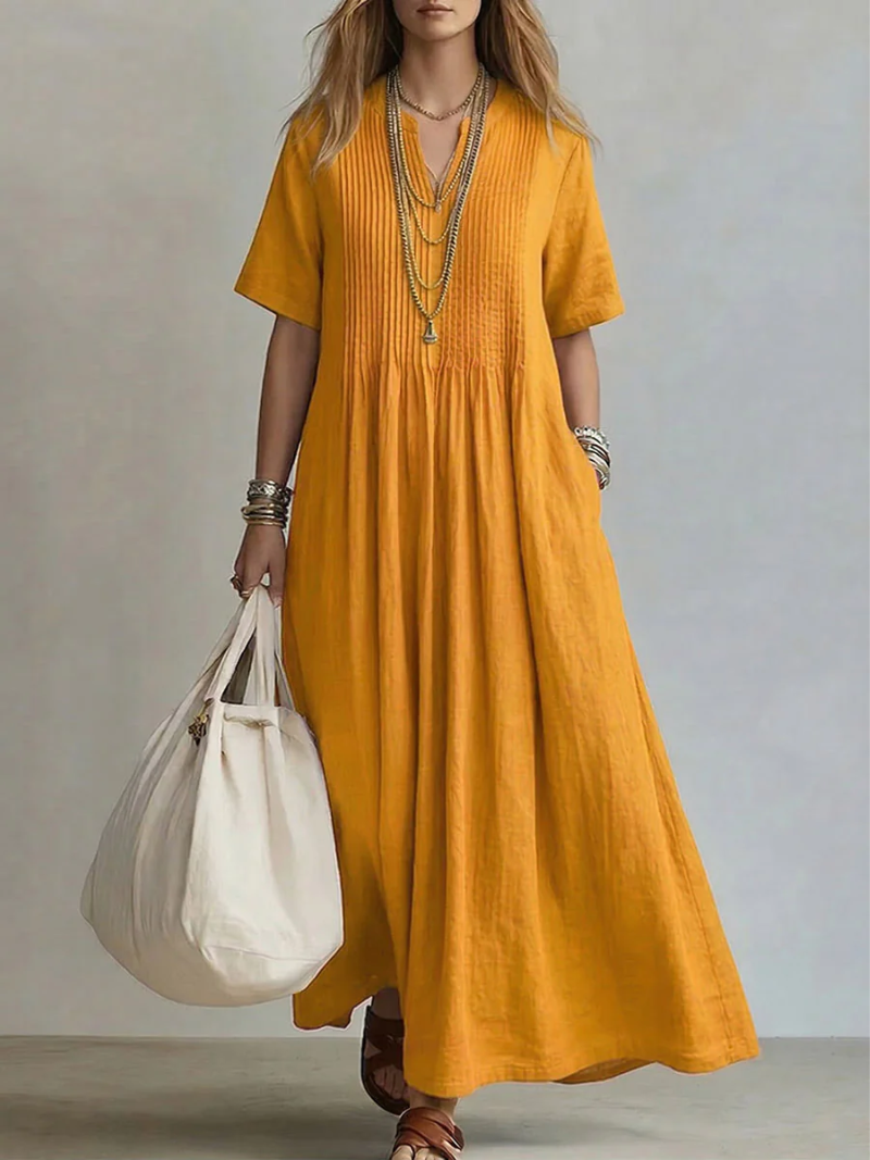 Robe Maxi Femme Fluide Col en V Manches Courtes Coupe Légère