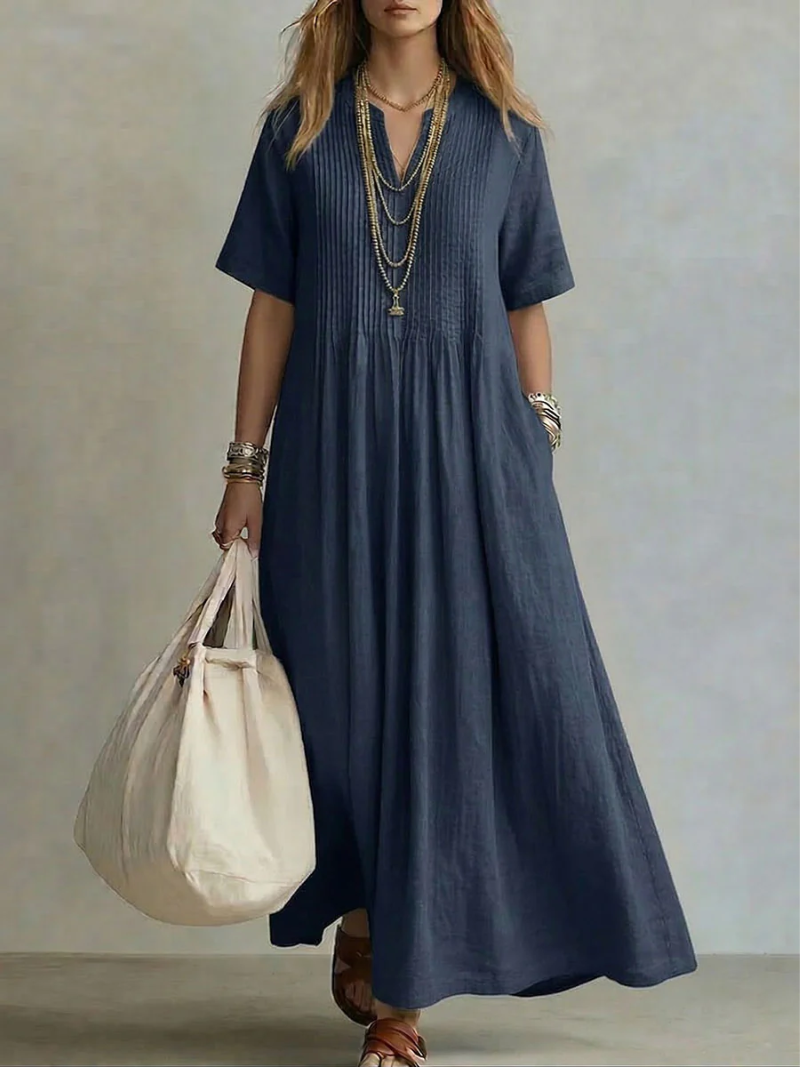 Robe Maxi Femme Fluide Col en V Manches Courtes Coupe Légère