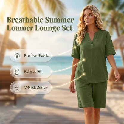 Ensemble Femme Lin Respirant Haut Col en V et Short Assorti