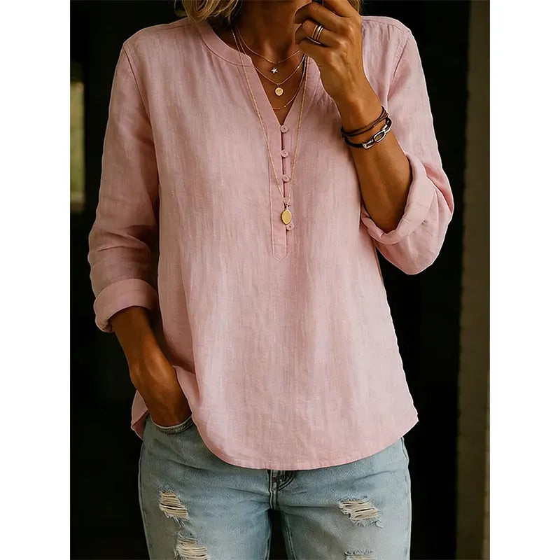 Chemise Femme Coton Col V Manches Retroussables Coupe Ample