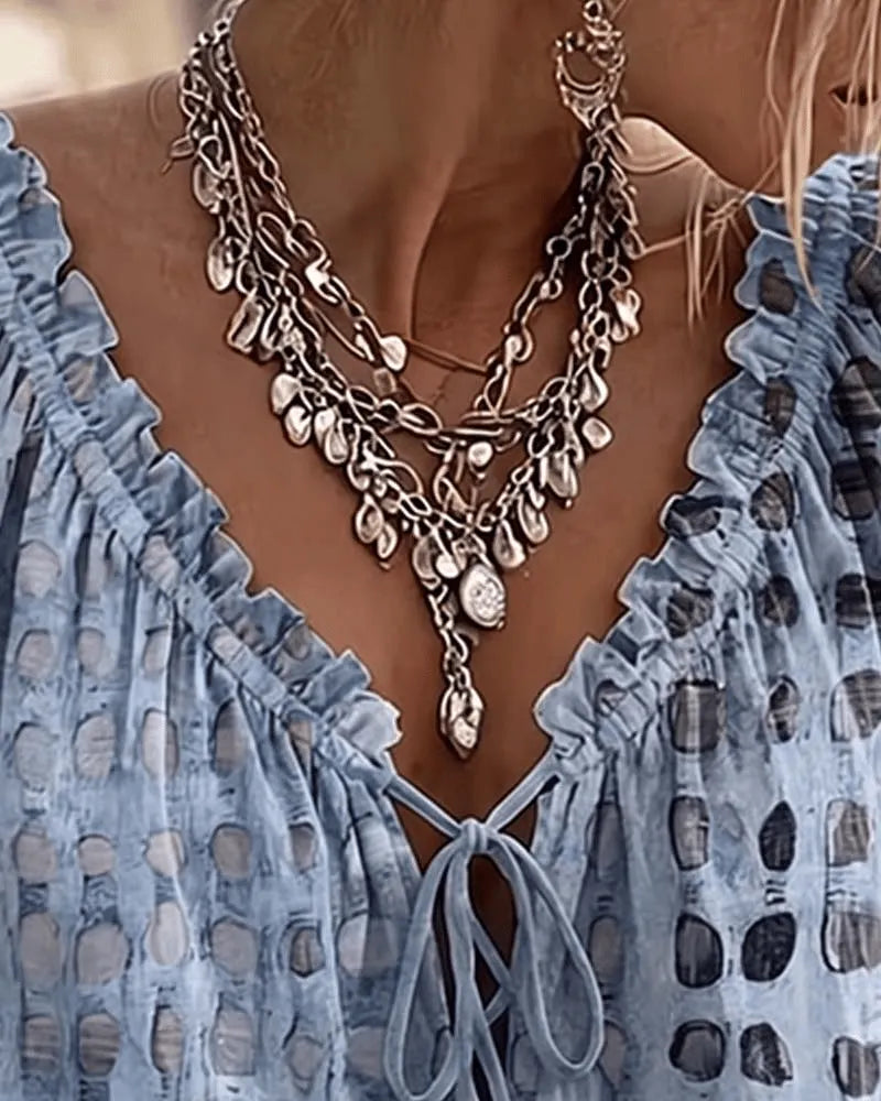 Blouse Femme Coton Col V Noué Style Bohème