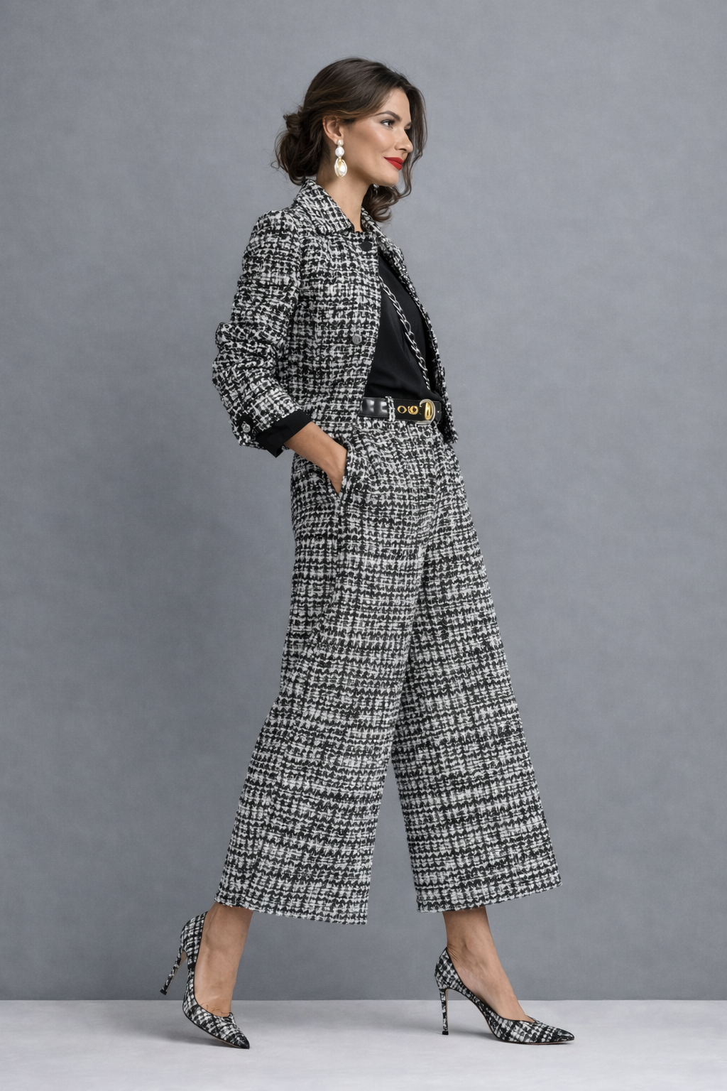 Ensemble Femme Tweed Veste Courte Pantalon Large