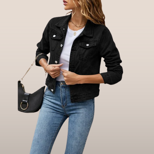 Veste jean femme noir classique avec poches latérales - PanierRoyale