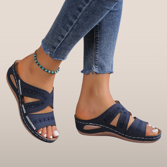 Sandales Femmes Cuir Marine à Talon Basse - PanierRoyale