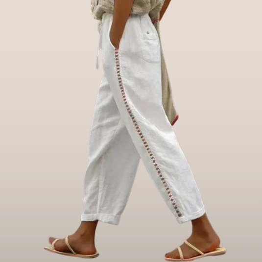 Pantalon Femme Blanc à Broderies Élégant - PanierRoyale