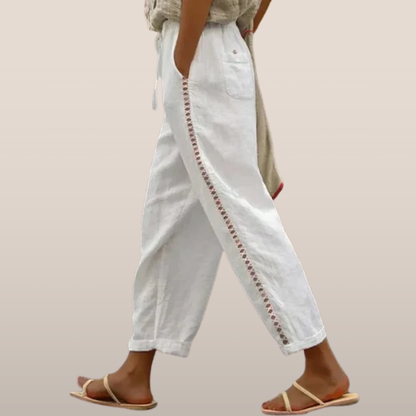 Pantalon Femme Blanc à Broderies Élégant - PanierRoyale