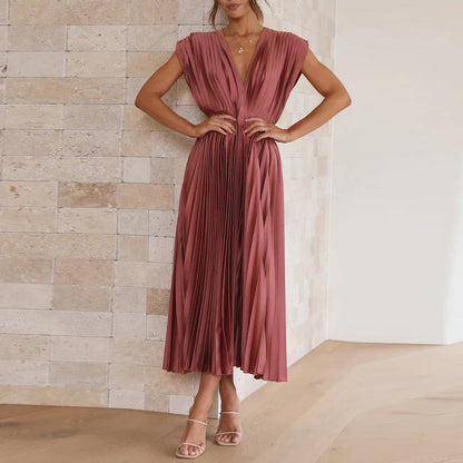 Robe Féminine Col en V Mi-Longue Élégante