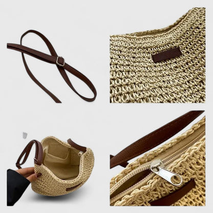 Sac à main Femme Raphia tressé Cuir Bandoulière Demi-lune Boho