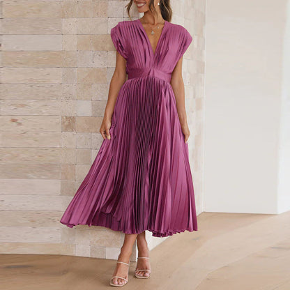 Robe Féminine Col en V Mi-Longue Élégante