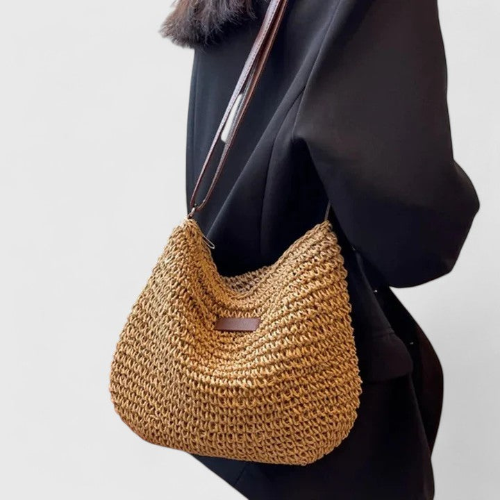 Sac à main Femme Raphia tressé Cuir Bandoulière Demi-lune Boho