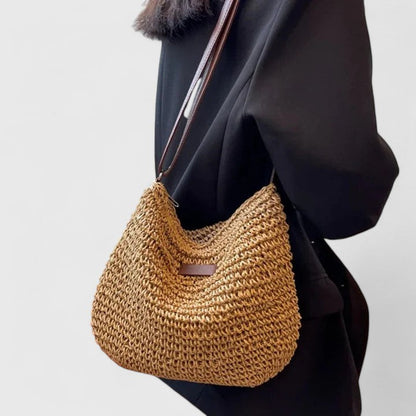 Sac à main Femme Raphia tressé Cuir Bandoulière Demi-lune Boho