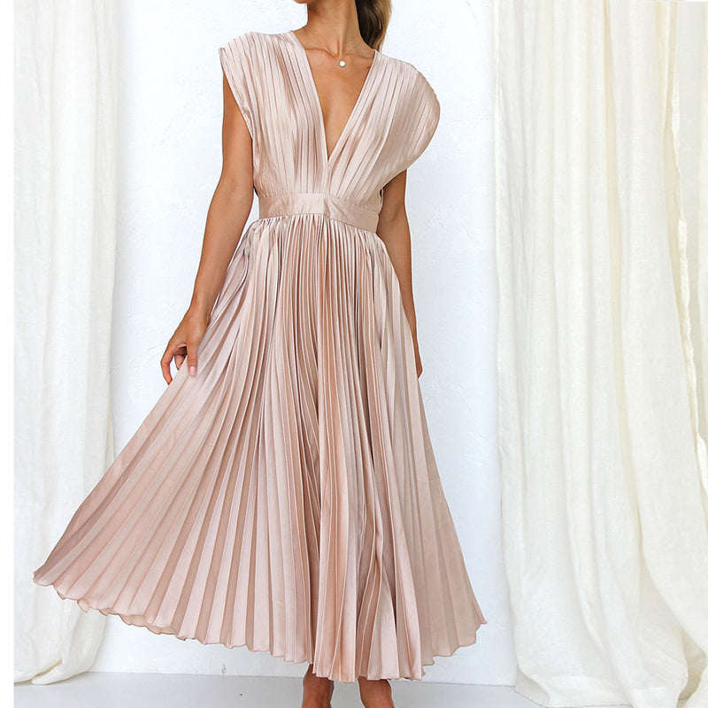 Robe Féminine Col en V Mi-Longue Élégante