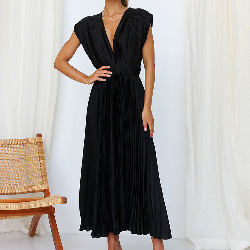 Robe Féminine Col en V Mi-Longue Élégante