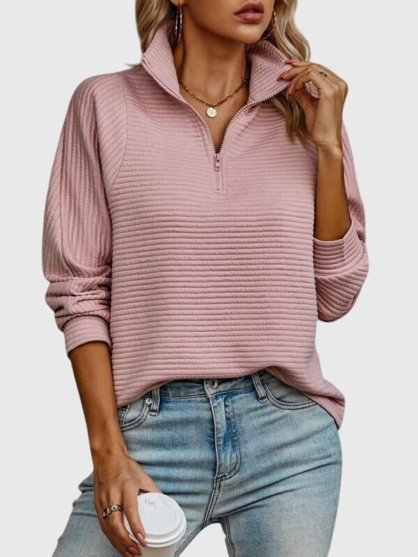 Pull femme décontracté à manches longues avec fermeture éclair