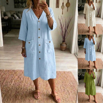 Robe Midi Femme Coton Lin Col en V Boutonnée Coupe Ample - PanierRoyale