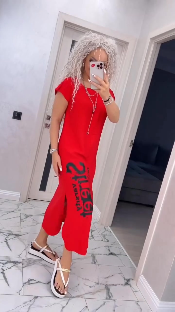 Robe Femme Coupe Ample Col Rond Imprimé Lettres Fente