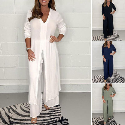 Costume Femme 2 Pièces Chic - Haut Long Fluide avec Pantalon Taille Haute - PanierRoyale