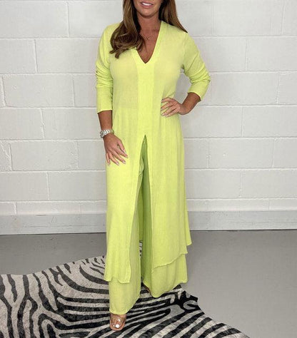Costume Femme 2 Pièces Chic - Haut Long Fluide avec Pantalon Taille Haute