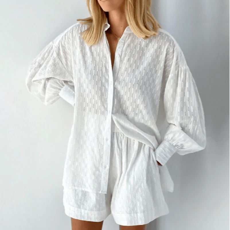 Ensemble Décontracté Coton Blanc avec Blouse Grande Taille et Shorts - BerlinGlamour