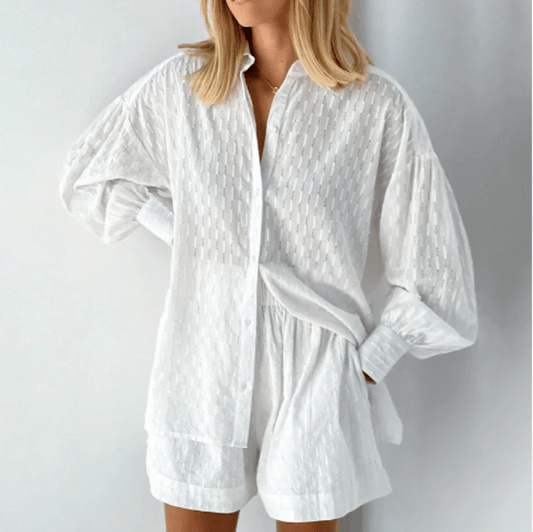 Ensemble Décontracté Coton Blanc avec Blouse Grande Taille et Shorts - BerlinGlamour