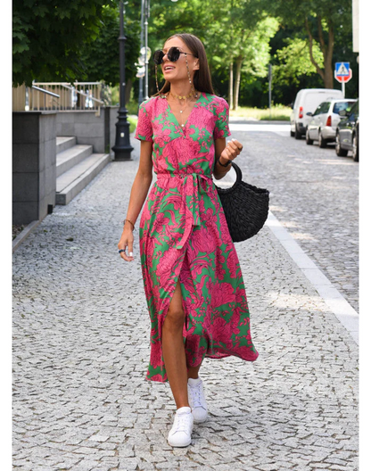 Robe Longue Florale à Carreaux Élégante pour Femme