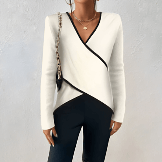 Blouse Femme Élégante Blanc Noir Manches Longues - PanierRoyale