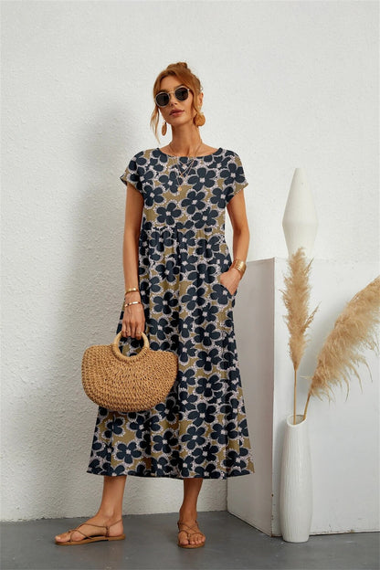 Robe Été Femme Imprimé Fleuri Manches Courtes