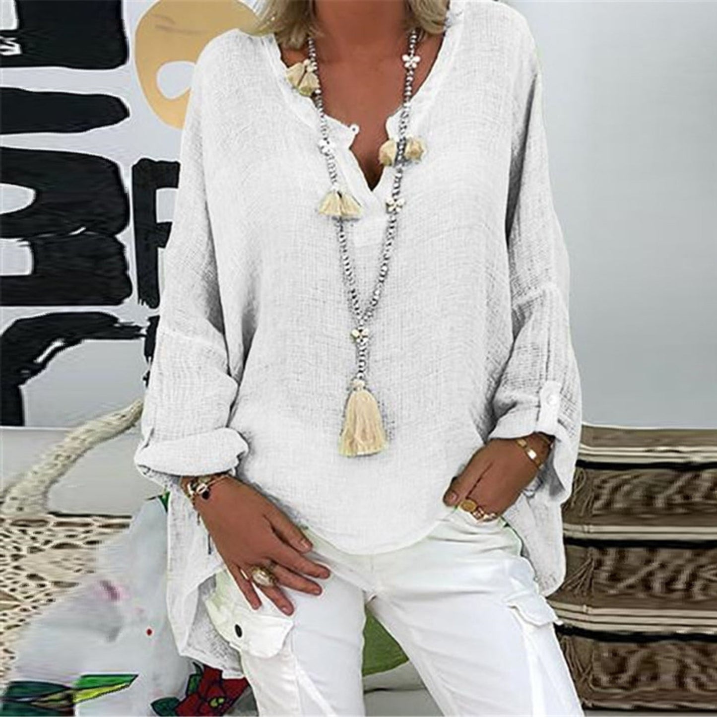 Blouse Femme Été Manches Longues Col en V Décontractée