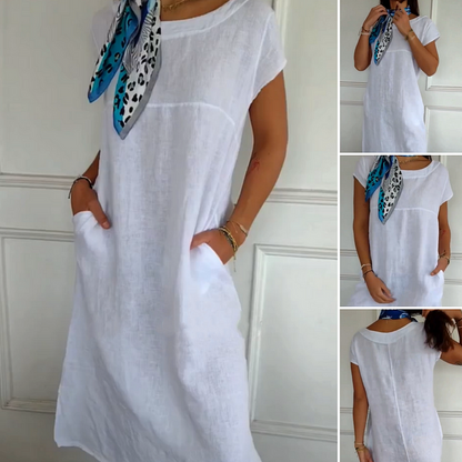 Robe Longue Femme Lin Coton Coupe Ample Col Rond