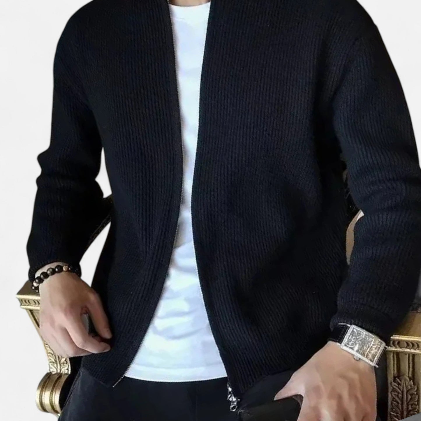 Gilet Homme Beige Zippé en Maille Épaisse