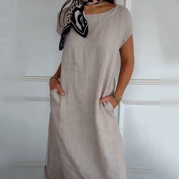 Robe Longue Femme Lin Coton Coupe Ample Col Rond