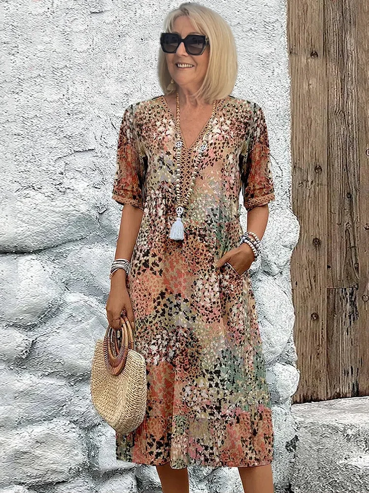 Robe midi Femme Fluide Imprimée Col en V Manches Courtes - PanierRoyale