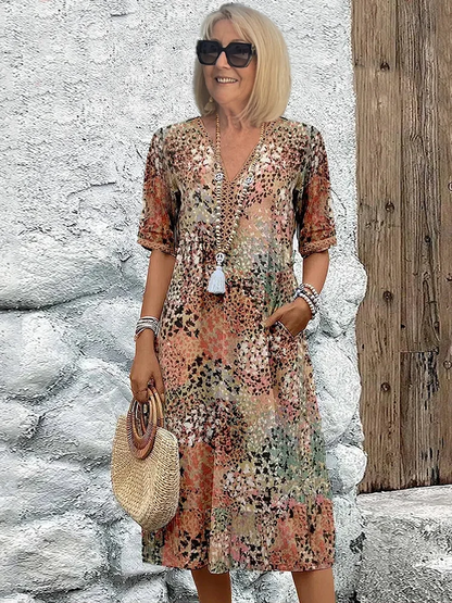 Robe midi Femme Fluide Imprimée Col en V Manches Courtes - PanierRoyale