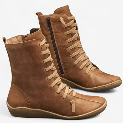 Bottes Femmes à Talon Plat avec Fermeture Éclair et Lacets Confortables