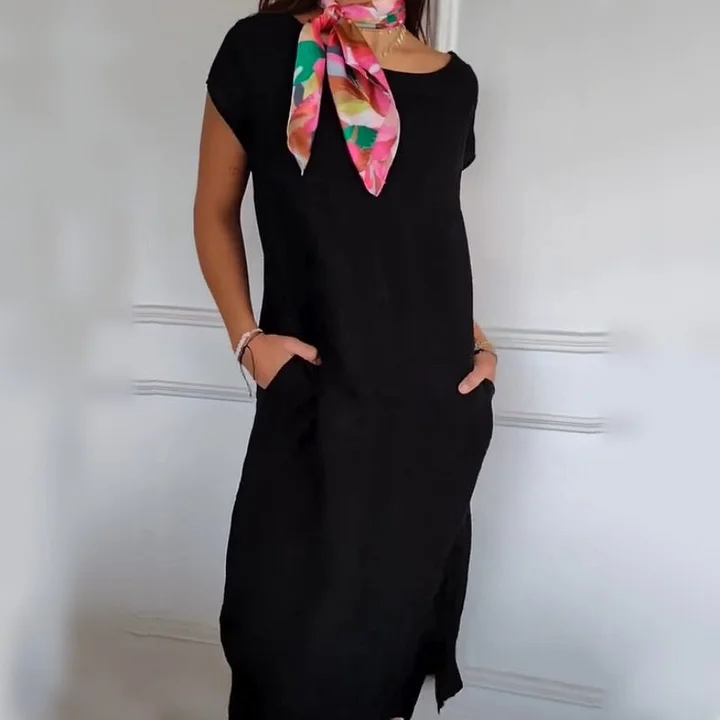 Robe Longue Femme Lin Coton Coupe Ample Col Rond - PanierRoyale