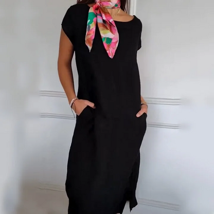 Robe Longue Femme Lin Coton Coupe Ample Col Rond