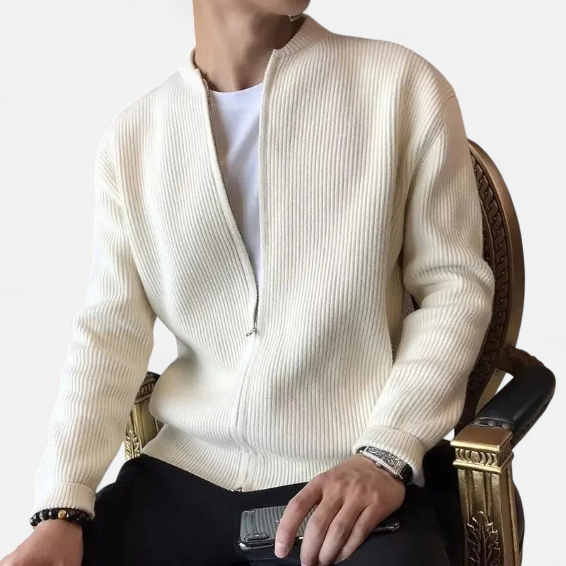Gilet Homme Beige Zippé en Maille Épaisse - PanierRoyale