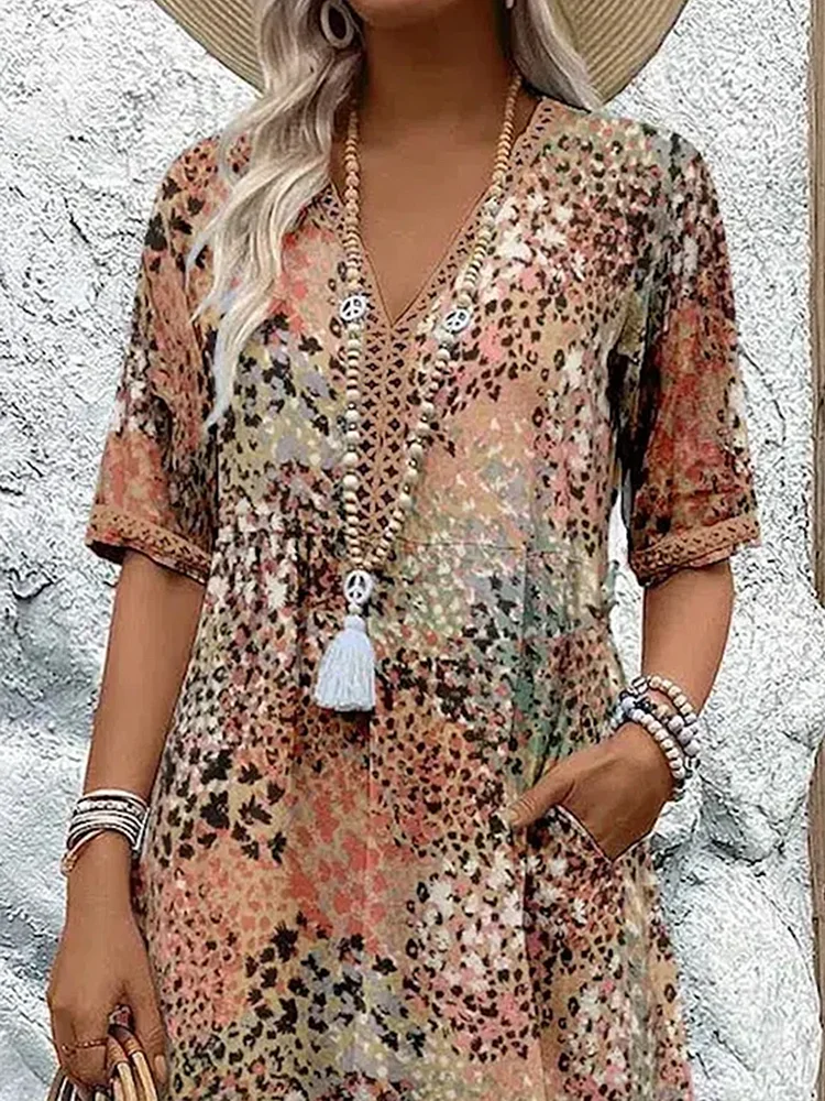 Robe midi Femme Fluide Imprimée Col en V Manches Courtes