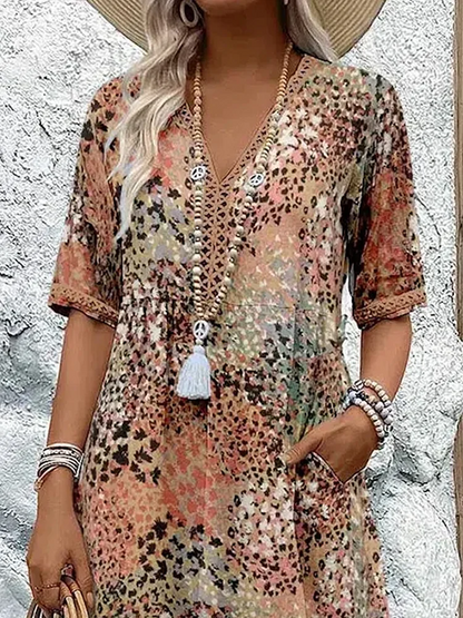 Robe midi Femme Fluide Imprimée Col en V Manches Courtes