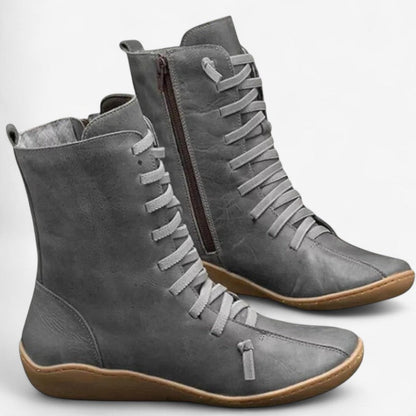Bottes Femmes à Talon Plat avec Fermeture Éclair et Lacets Confortables