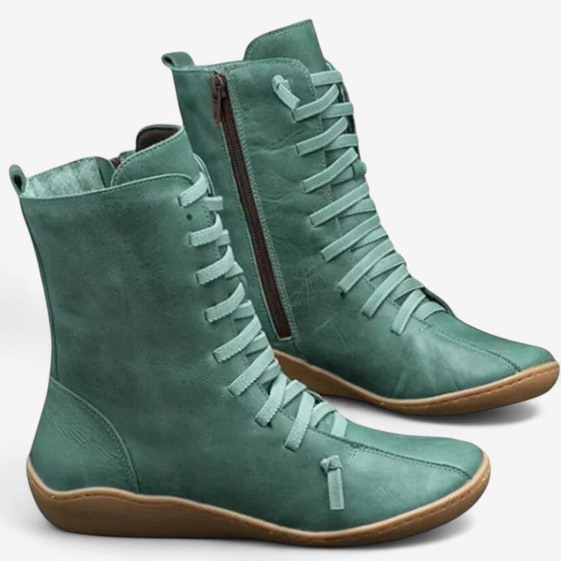 Bottes Femmes à Talon Plat avec Fermeture Éclair et Lacets Confortables
